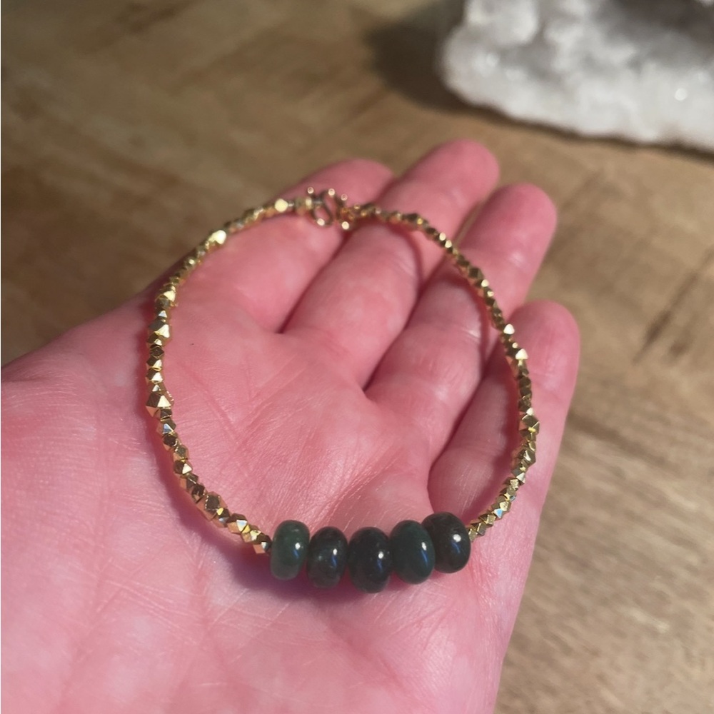 Dainty Genuine Emerald Layering Bracelet Green & Gold Faceted Beads
